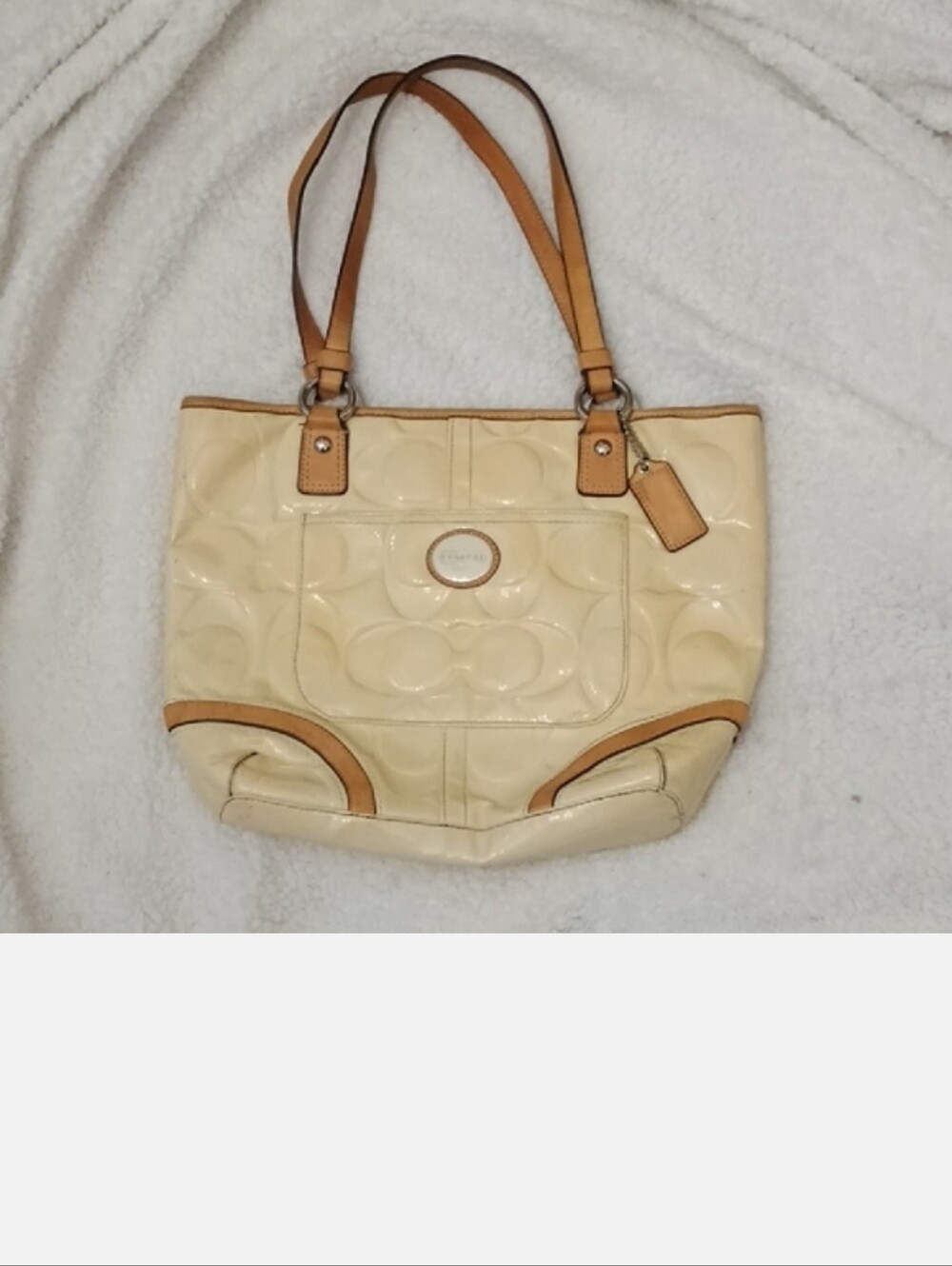 Coach Cream Patent Leather Tote with Tan Trim And Hangtag